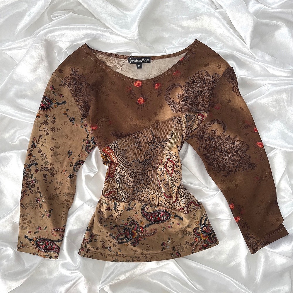 Jessica Max Brown Mixed Paisley Floral Print Long Sleeve Top Medium USA Made